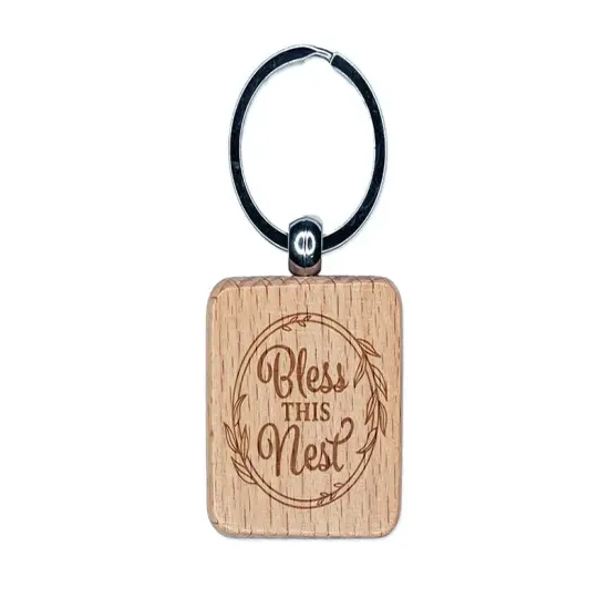 Bless This Nest Leaf Frame Detail Engraved Wood Square Keychain Tag Charm {1}