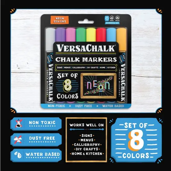 VersaChalk Neon Liquid Chalk Markers for Chalkboards, Set of 8 - 5mm Bold Tip {3}
