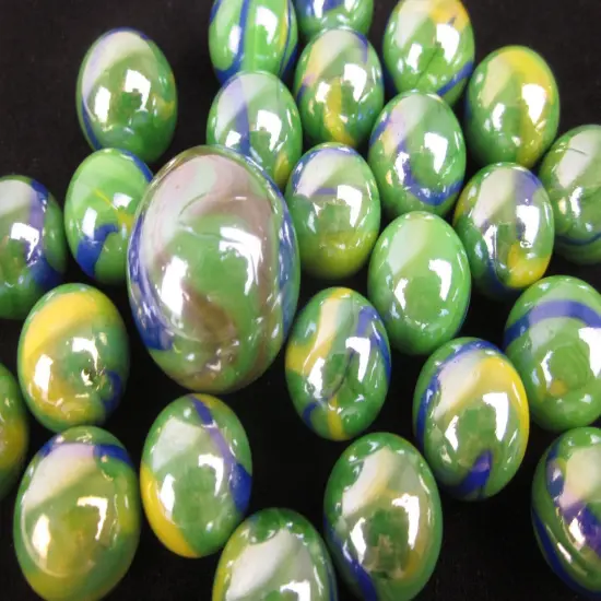 25 Glass Marbles PEACOCK iridescent Green Blue Yellow Game Pack Shooter Swirl {5}