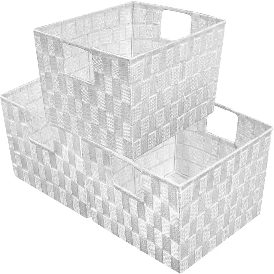 Sorbus Woven Basket Bin Set - Shelf Storage Tote Baskets for Household Items - Stackable with Woven Straps and built-in Carry Handles (3 Pack) White {1}