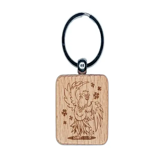 Luau Hawaiian Chicken in Hula Skirt with Lei Engraved Wood Square Keychain Tag Charm {1}