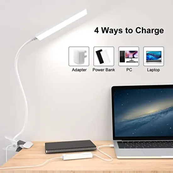 Clip on Light LED Desk Lamp with Eye-Caring LED Light and Metal Clip, 11 Level Brightness 3 Color Modes, Power by USB Port 5W Flexible Gooseneck Reading Light for Home and Office (5W, White) {1}