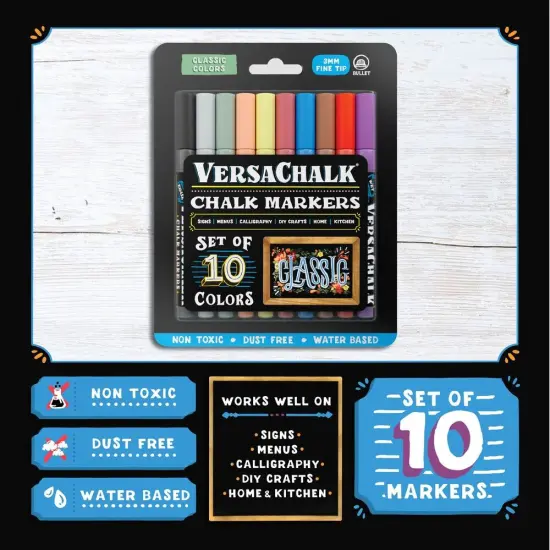 VersaChalk Classic Liquid Chalk Markers for Chalkboards, Set of 10 - 3mm Fine Tip {3}