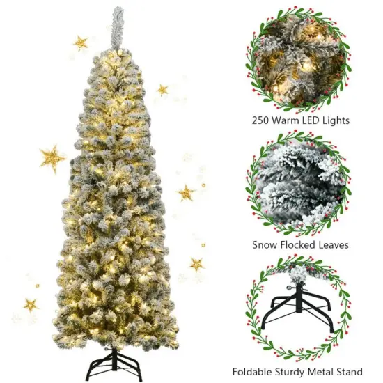 6 Feet Pre-lit Snow Flocked Artificial Pencil Christmas Tree with 250 LED Lights {4}
