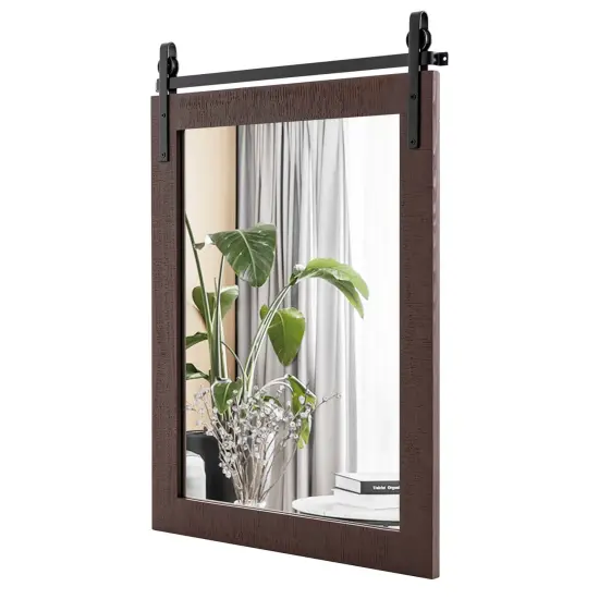 Costway 30''x22'' Wall Mount Mirror Decor Vanity Mirror Wood Frame Barn Door Style Black/Walnut {1}