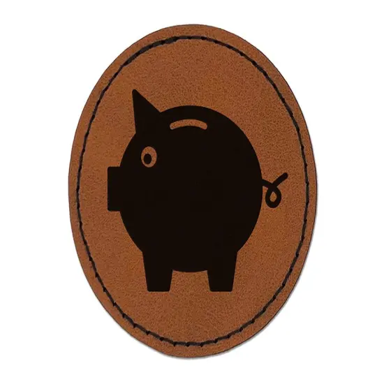 Piggy Bank Solid Round Iron-On Engraved Faux Leather Patch Applique - 2.5" Brown {1}