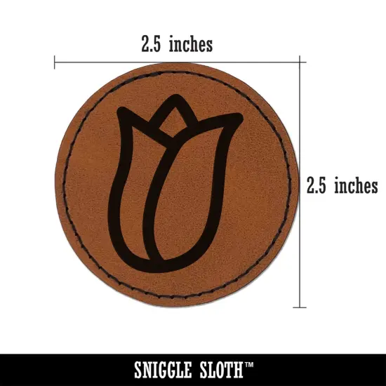 Flower Bud Outline Round Iron-On Engraved Faux Leather Patch Applique - 2.5" Brown {3}