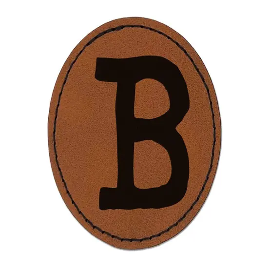 Letter B Uppercase Cute Typewriter Font Round Iron-On Engraved Faux Leather Patch Applique - 2.5" Brown {1}