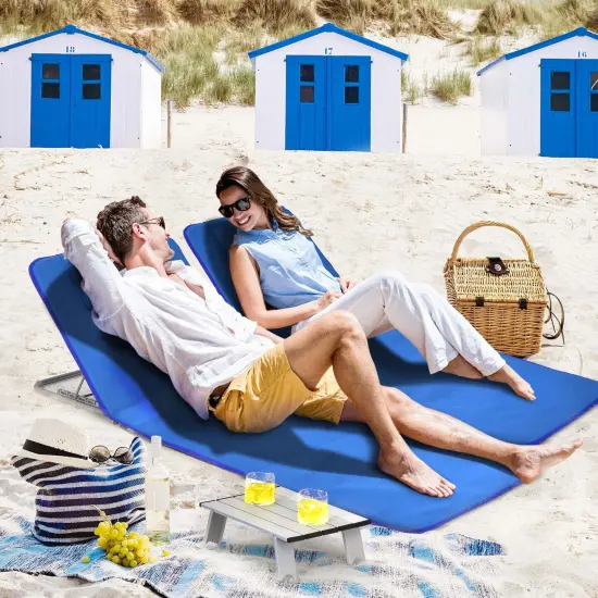 3 Pieces Beach Lounge Chair Mat Set 2 Adjustable Lounge Chairs with Table Stripe Blue {2}