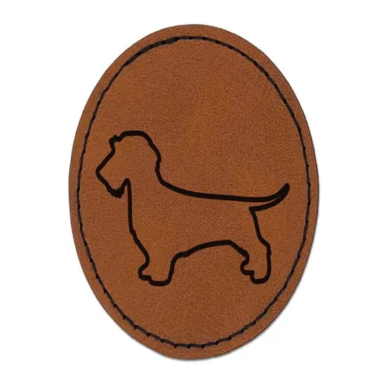 Wirehaired Dachshund Dog Outline Round Iron-On Engraved Faux Leather Patch Applique - 2.5" Brown {1}