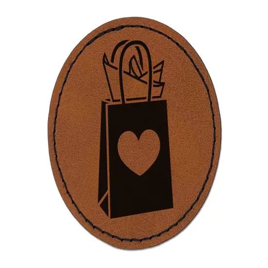 Gift Bag Heart Present Round Iron-On Engraved Faux Leather Patch Applique - 2.5" Brown {1}