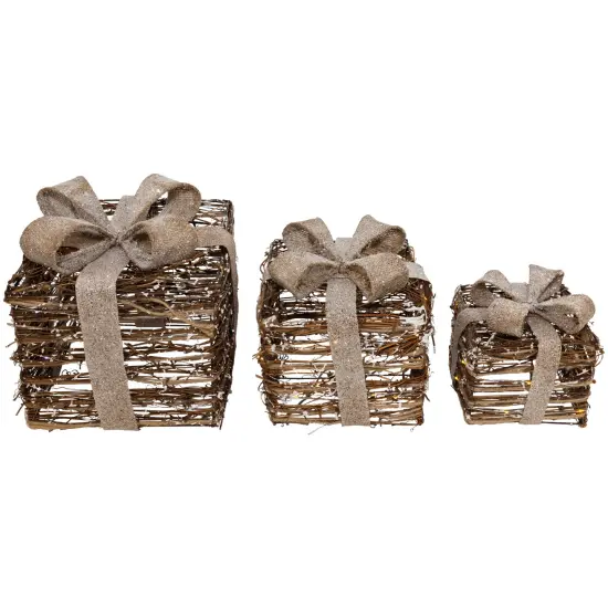 Northlight Lighted Rattan Gift Boxes with Burlap Bows Christmas Decorations - 9" - Set of 3 Brown {4}
