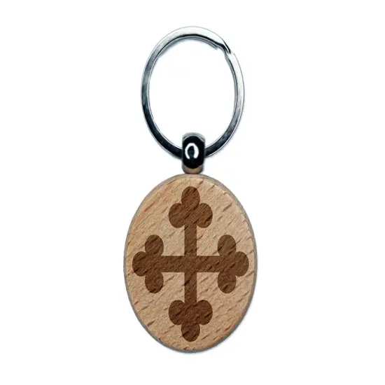Cross Bottony Trefoil Buds Engraved Wood Round Keychain Tag Charm {1}
