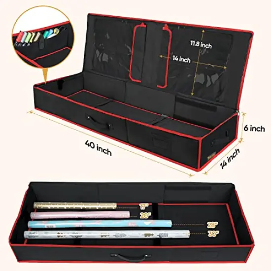 BALEINE Christmas Wrapping Paper Storage Organizer with Flexible Partitions and Pockets, 40" Durable 600D Oxford Fabric Gift Wrap Storage Bag Fits Ribbon, Ornaments, Holiday Accessories (Black/Red) {5}