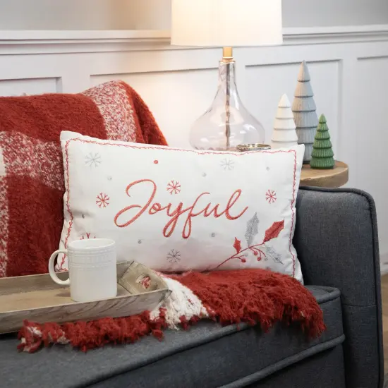 Northlight Embroidered "Joyful" Rectangular Christmas Throw Pillow - 19" - Red and White {3}