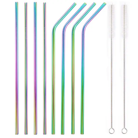 Kitcheniva 8PCS 10.5" Stainless Steel Ultra Long Metal Cocktail Straw And 2 Cleaner Brush Mermaid rainbow {1}