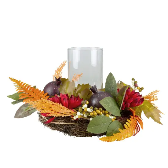 Northlight Mums with Pomegranate Fall Harvest Pillar Candle Holder Centerpiece - 22" Red {1}