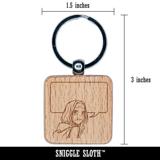 Sad Anime Manga Girl with Empty Speech Bubble Engraved Wood Square Keychain Tag Charm {2}