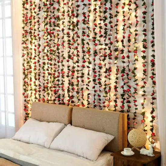 Flower Garland Rose Vines, 5 Strands 41Ft Flowers Vines for Bedroom, Rose Flower Garland Decoration, Pink Rose Floral Garland for Room Table Birthday Wedding Party Garden Wall Decor {5}