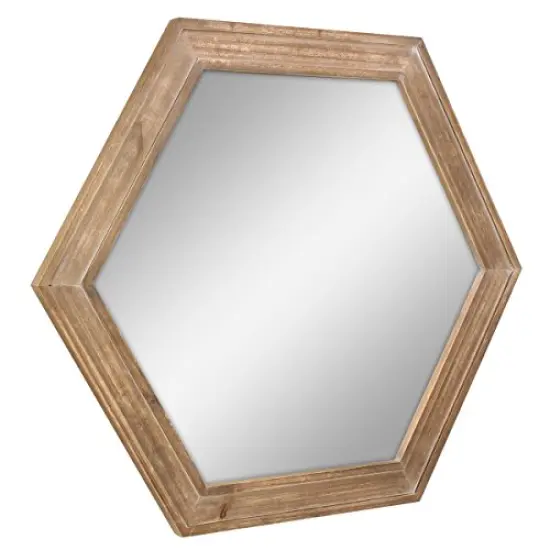 Decorative 24" Hexagon Hanging Wall Mirror with Natural Wood Frame and Attached Hanging Bracket, Rustic Farmhouse Decor for the Living Room, Bathroom, Bedroom, and Entryway Brown {6}