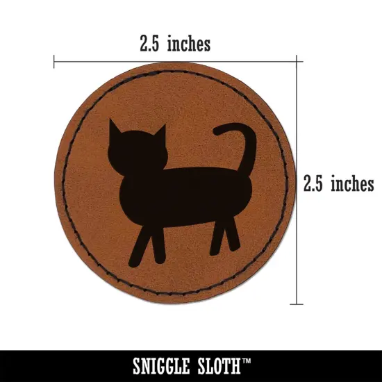 Cat Prancing Solid Round Iron-On Engraved Faux Leather Patch Applique - 2.5" Brown {2}