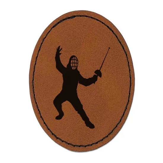 Fencer Holding Fencing Swords Round Iron-On Engraved Faux Leather Patch Applique - 2.5" Brown {1}