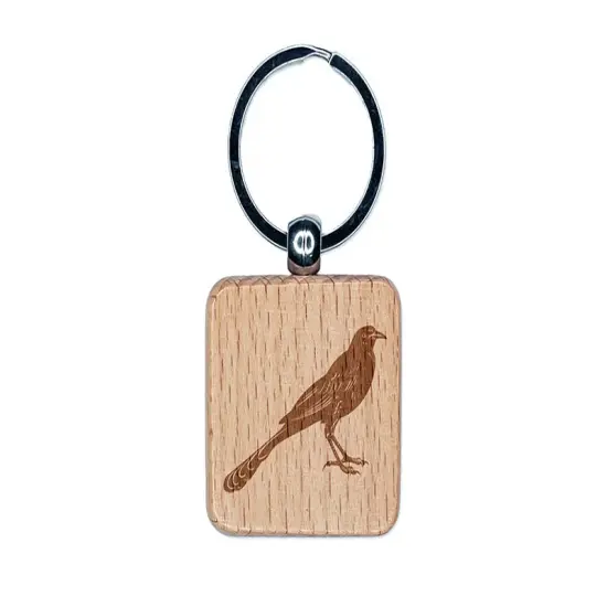 Brash Great-Tailed Grackle Black Bird Engraved Wood Square Keychain Tag Charm {1}
