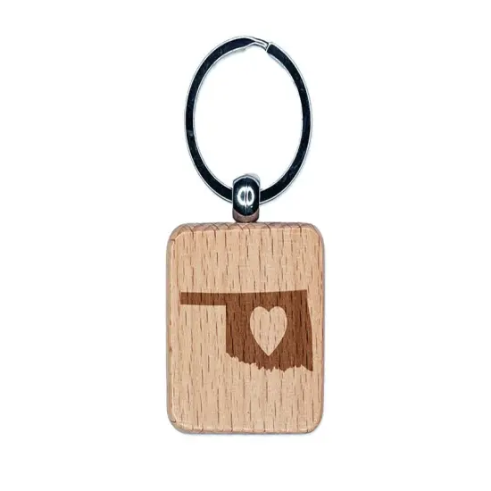 Oklahoma State with Heart Engraved Wood Square Keychain Tag Charm {1}