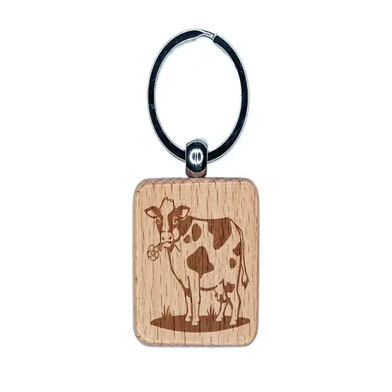 Cute Cow Eating Flower Engraved Wood Square Keychain Tag Charm {1}