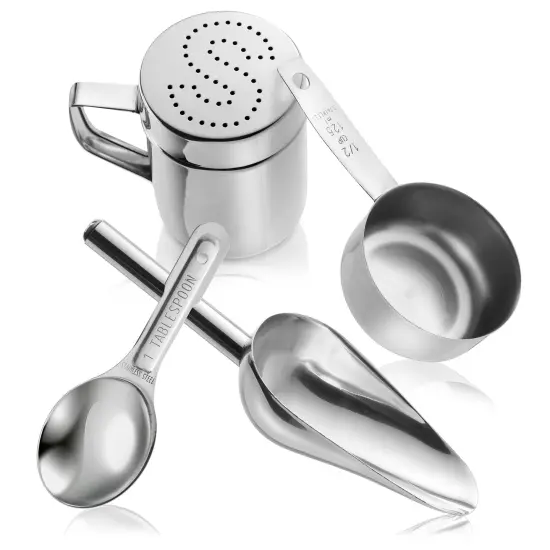 Olde Midway Stainless Steel Popcorn Machine Accessories - 4 Piece Set with Measuring Spoons, Scoop, and Salt Shaker {1}
