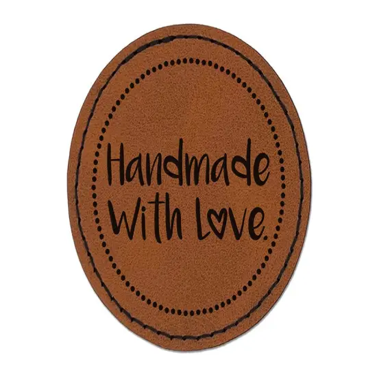 Handmade with Love Heart Dotted Circle Round Iron-On Engraved Faux Leather Patch Applique - 2.5" Brown {1}