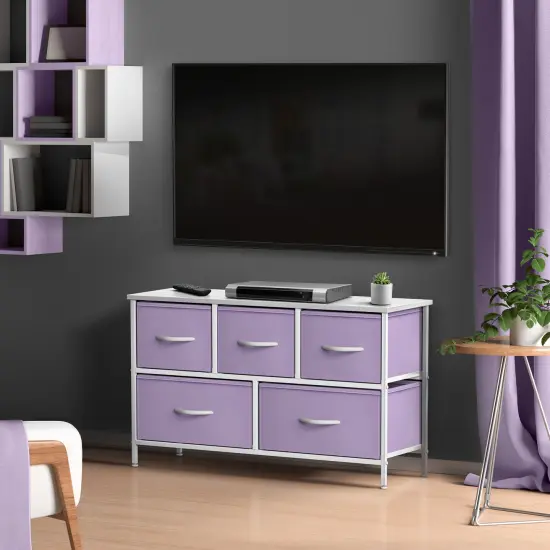 Sorbus Dresser with 5 Drawers - Storage Chest Organizer Unit with Steel Frame, Wood Top, Easy Pull Fabric Bins - Long Wide TV Stand for Bedroom Furniture, Hallway, Closet & Office Organization Purple {2}