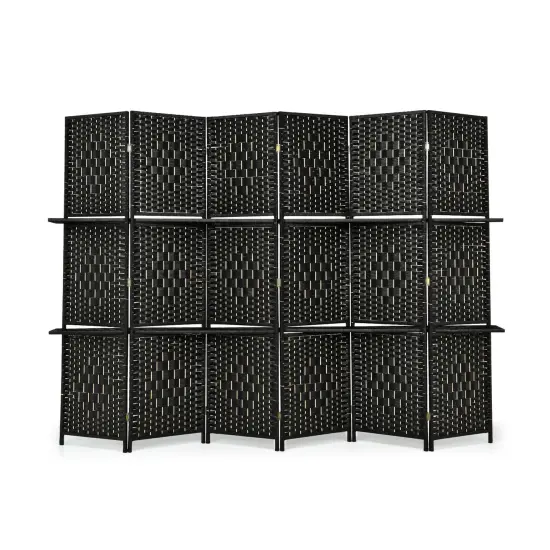 6 Panel Folding Weave Fiber Room Divider with 2 Display Shelves Black {6}