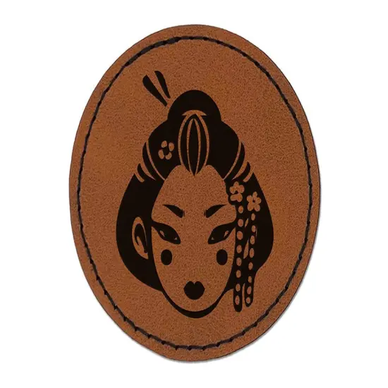 Japanese Geisha Woman Head Round Iron-On Engraved Faux Leather Patch Applique - 2.5" Brown {1}