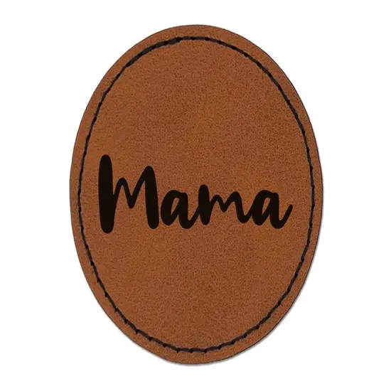 Mama Cursive Text Mom Mother Round Iron-On Engraved Faux Leather Patch Applique - 2.5" Brown {1}