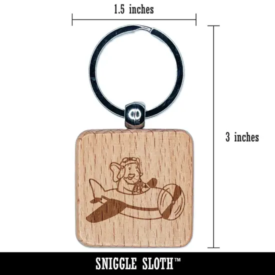 Elephant Flying an Airplane Plane Engraved Wood Square Keychain Tag Charm {2}