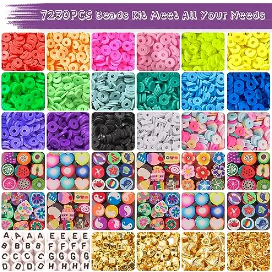 7230 Pieces Polymer Clay Beads for Jewelry Making Letter Beads and 13 Styles Mixed Flower Face Trendy Beads, DIY Arts and Crafts Kit for Girls Ages 8-12 {6}