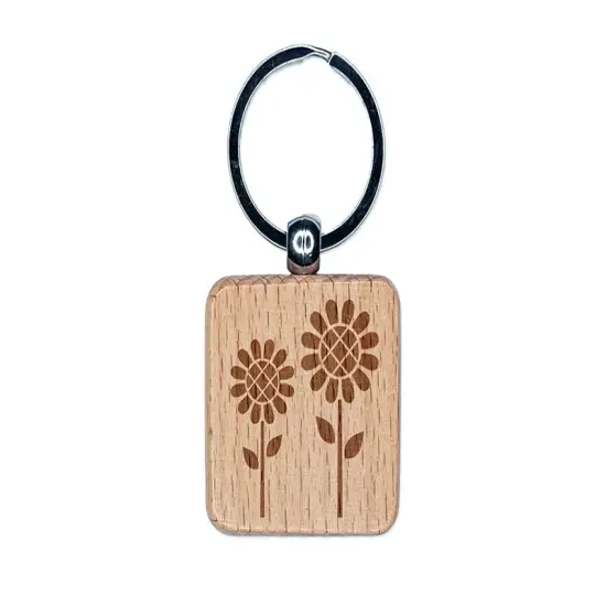 Sunflower Pair Engraved Wood Square Keychain Tag Charm {1}