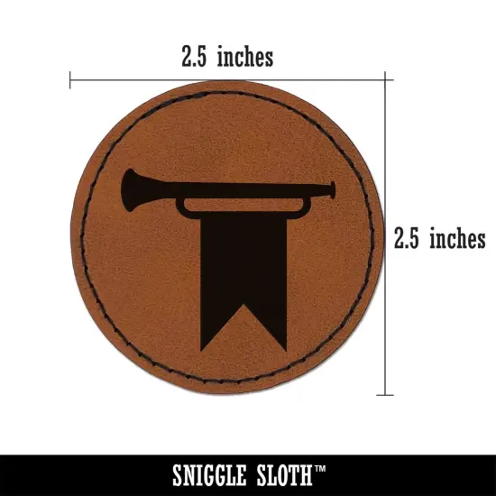 Trumpet and Banner Royal Medieval Round Iron-On Engraved Faux Leather Patch Applique - 2.5" Brown {3}