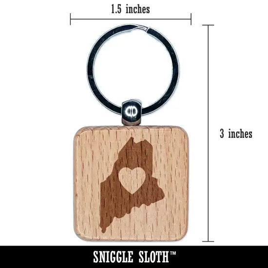 Maine State with Heart Engraved Wood Square Keychain Tag Charm {2}