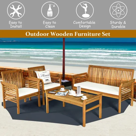 Costway 4 PCS Outdoor Acacia Wood Sofa Furniture Set Cushioned Chair Coffee Table Garden {6}