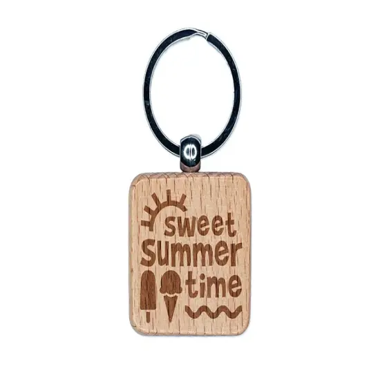 Sweet Summer Time Engraved Wood Square Keychain Tag Charm {1}