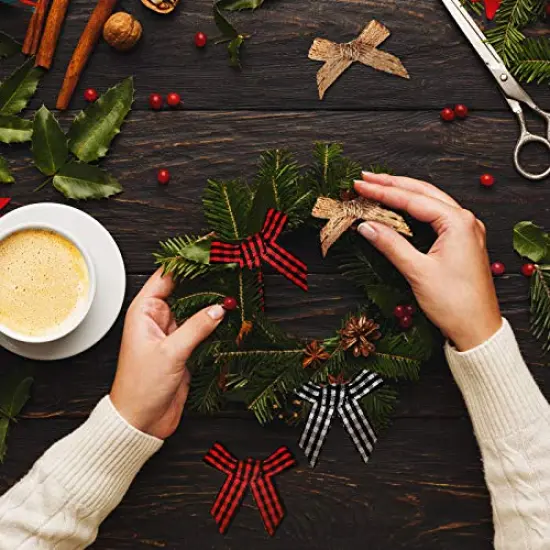 WILLBOND 60 Pieces Small Christmas Buffalo Plaid Bows Black Red White Mini Burlap Gingham Craft Ribbon Bow Flowers Appliques for Sewing Xmas Tree Home Decoration Gift DIY Making {2}