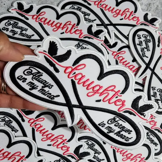 Memorial Infinity Collection: Patch Party Club, "DAUGHTER" Eternal Remembrance 1-pc, Iron-On Embroidered Patch, Sz 6", Tribute Honor {3}