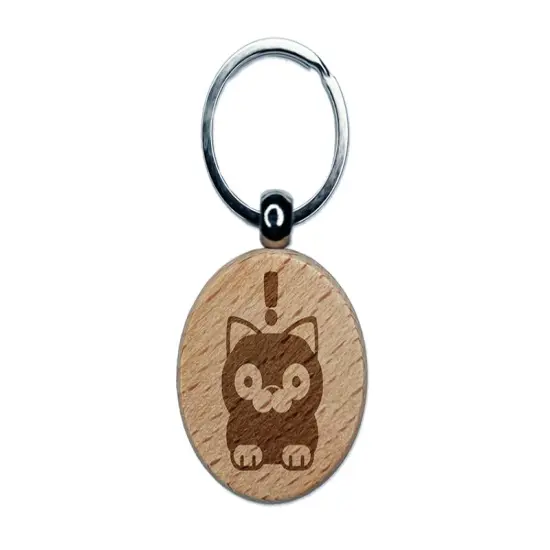 Round Cat Shocked Engraved Wood Round Keychain Tag Charm {1}