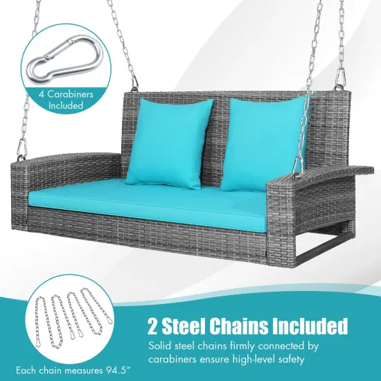 2-Person Patio PE Wicker Hanging Porch Swing Bench Chair with Cushion Turquoise {5}