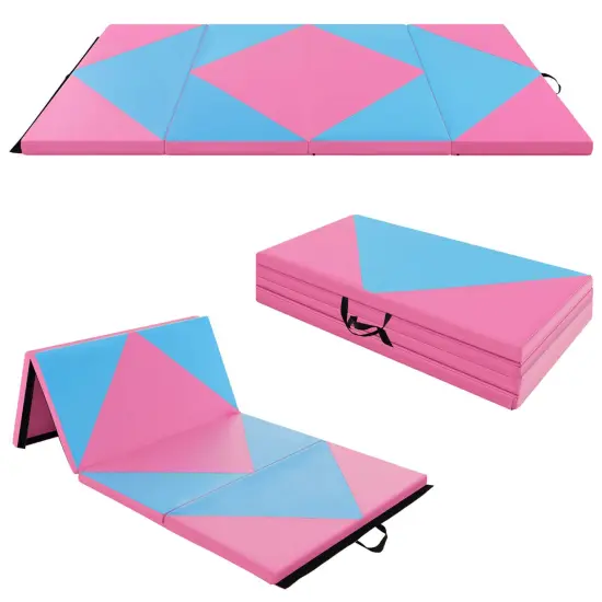 Costway Folding Gymnastics Mat 8' x 4' x 2'' PU Leather Tumbling Exercise Mat Yoga Gym Light Pink+Black/Blue+Black/Pink+Purple/Pink+Black/Pink+Blue/Pink {10}