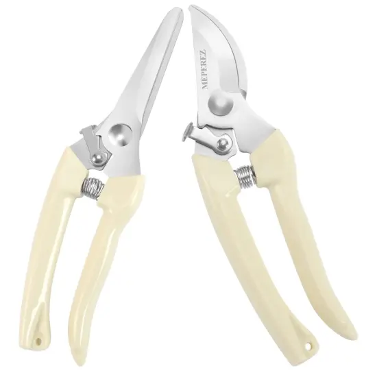 2 Pieces Premium garden shears, meperez pruning scissors gardening tools, pruners for flower, bushes, rose and fruit tree, use for florist, yard and orchard the plant clippers, sharp white steel anvil snips, 2 {2}