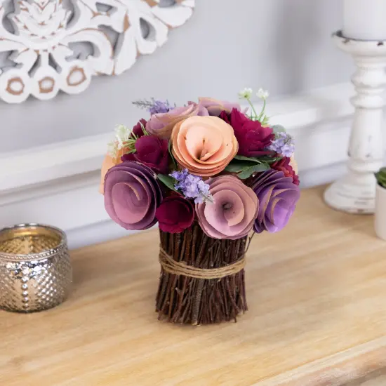 Northlight Wooden Floral Artificial Spring Bouquet - 9.5" - Wine Red and Purple {4}