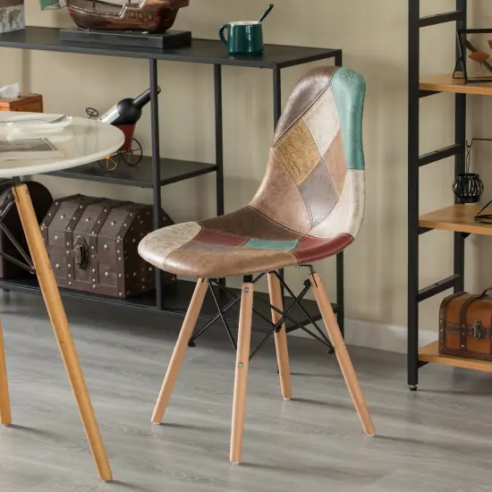 Modern Fabric Patchwork Chair with Leather and Suede Like Tones with Wooden Legs for Kitchen, Dining Room, Entryway, Living Room {6}